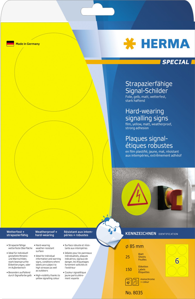 Etikete SIGNAL vodootporne,  O85 A4 1/25 žuta